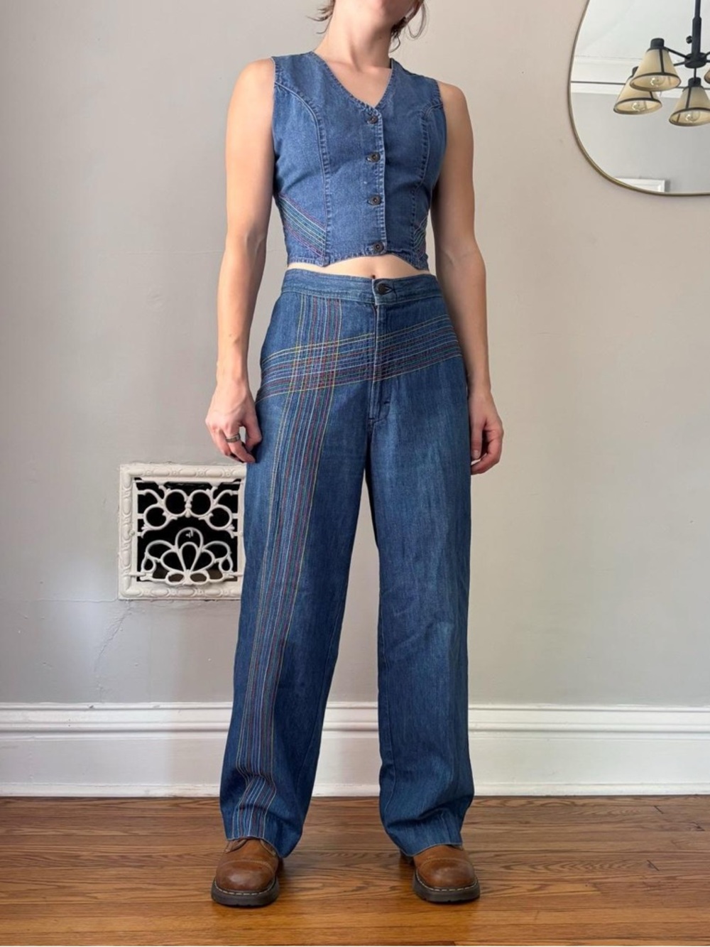 Vintage 70s Miss H.I.S. Retro rainbow embroidered denim vest + wide leg pant set - Picture 3 of 8